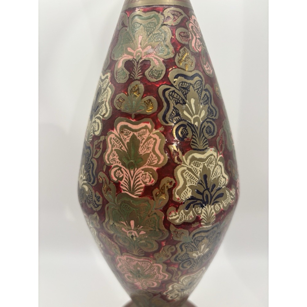 Vintage Indian Brass Vase Ornate Enameled Etched Floral Boho Red Green Gold - Picture 4 of 8